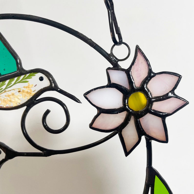 Real Pressed Green Dried Flowers and Hummingbird Stained Glass Suncatchers