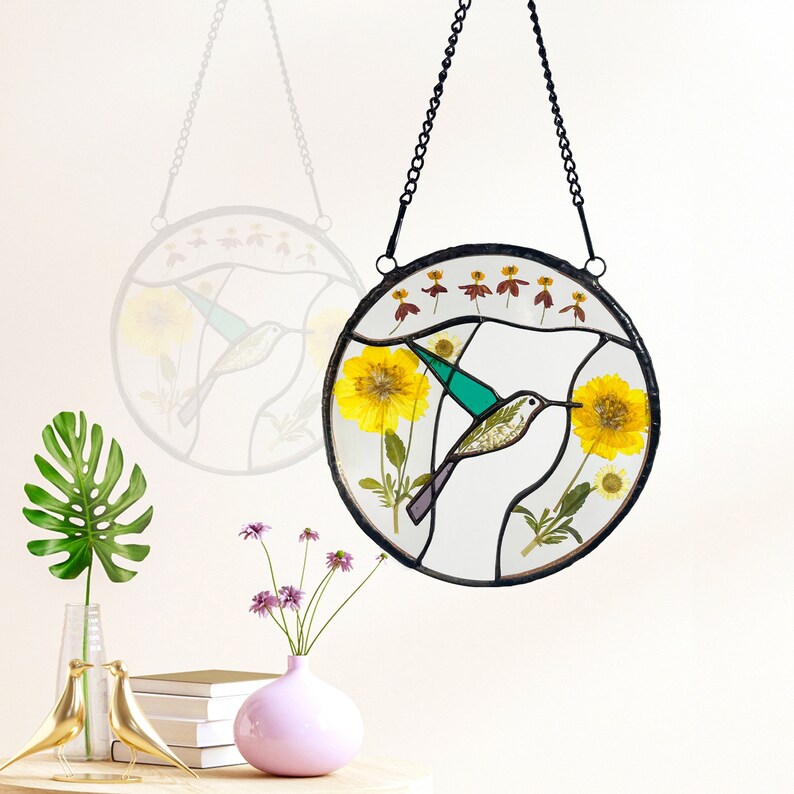Real Pressed Dried Sunflowers and Hummingbird Stained Glass Suncatchers