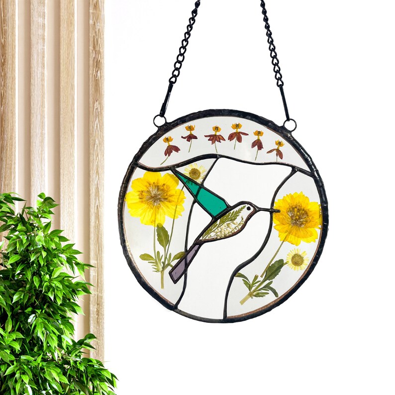 Real Pressed Dried Sunflowers and Hummingbird Stained Glass Suncatchers