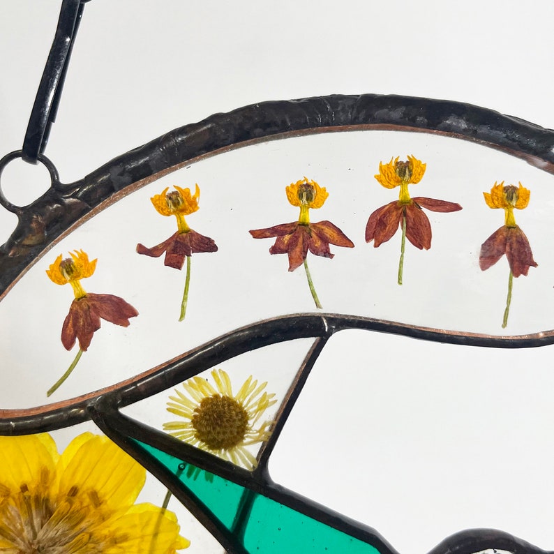 Real Pressed Dried Sunflowers and Hummingbird Stained Glass Suncatchers