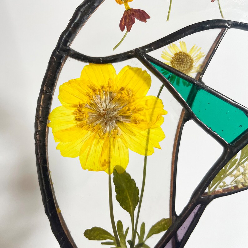 Real Pressed Dried Sunflowers and Hummingbird Stained Glass Suncatchers