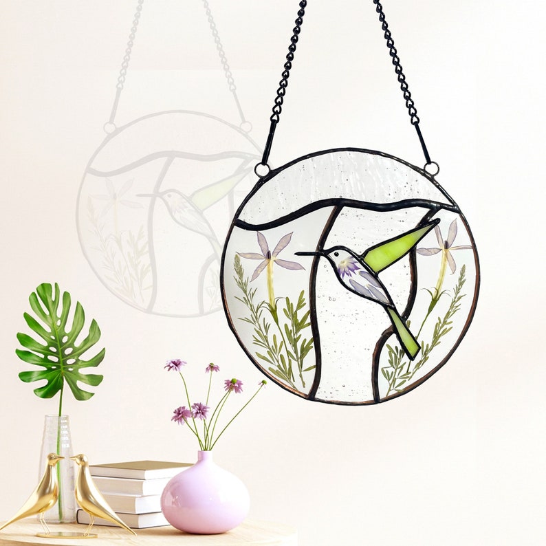 Real Pressed Dried Flowers and Hummingbird Stained Glass Suncatchers