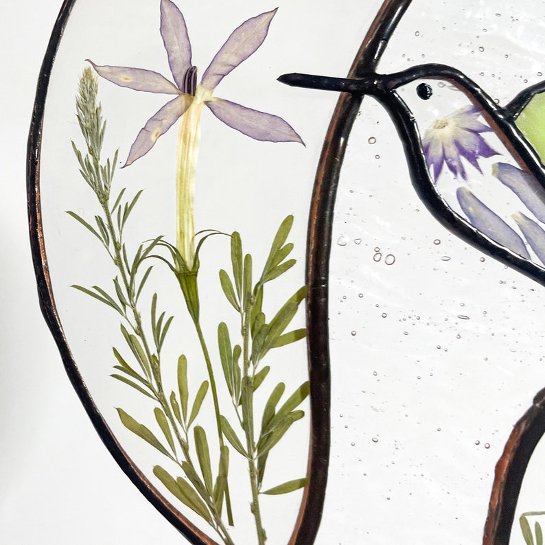 Real Pressed Dried Flowers and Hummingbird Stained Glass Suncatchers