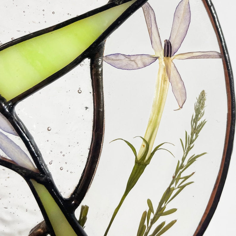 Real Pressed Dried Flowers and Hummingbird Stained Glass Suncatchers