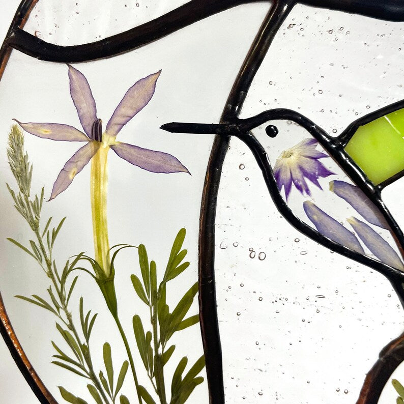 Real Pressed Dried Flowers and Hummingbird Stained Glass Suncatchers
