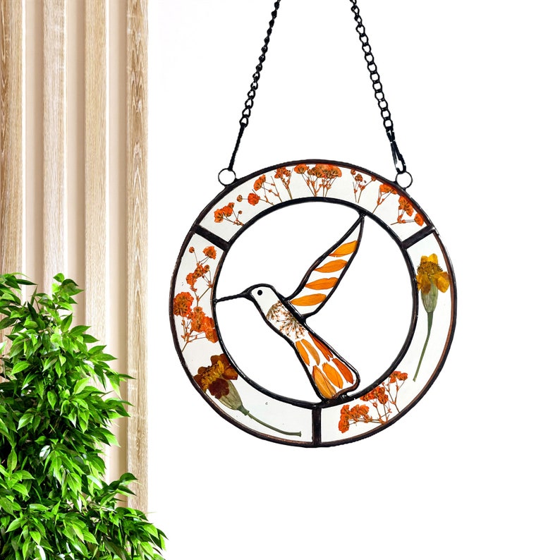 Real Orange Pressed Dried Flowers and Hummingbird Stained Glass Suncatchers