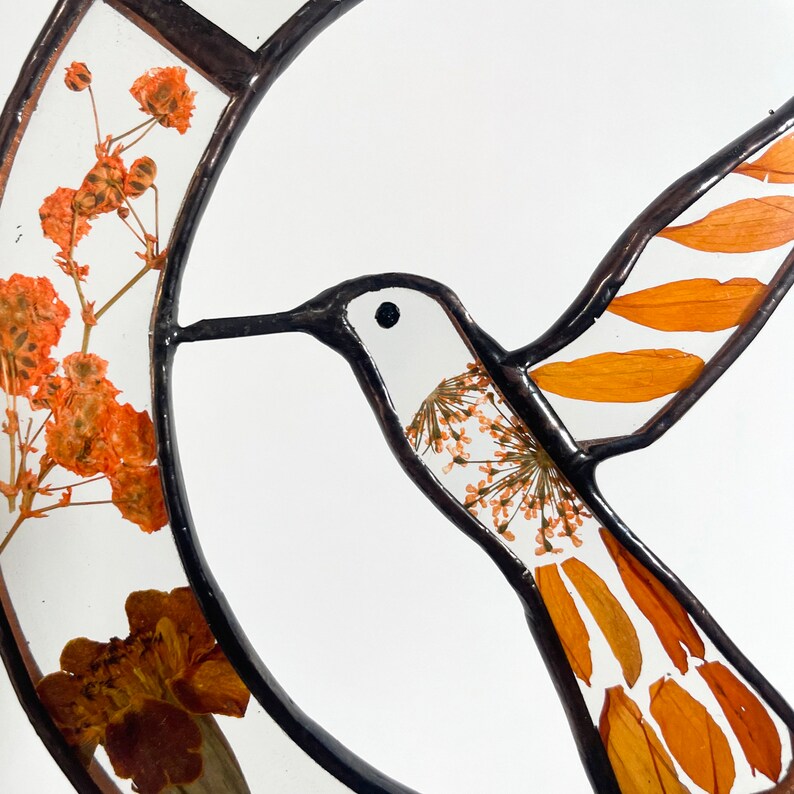 Real Orange Pressed Dried Flowers and Hummingbird Stained Glass Suncatchers
