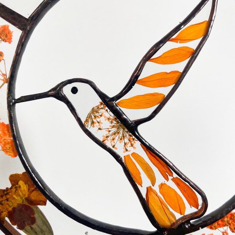 Real Orange Pressed Dried Flowers and Hummingbird Stained Glass Suncatchers