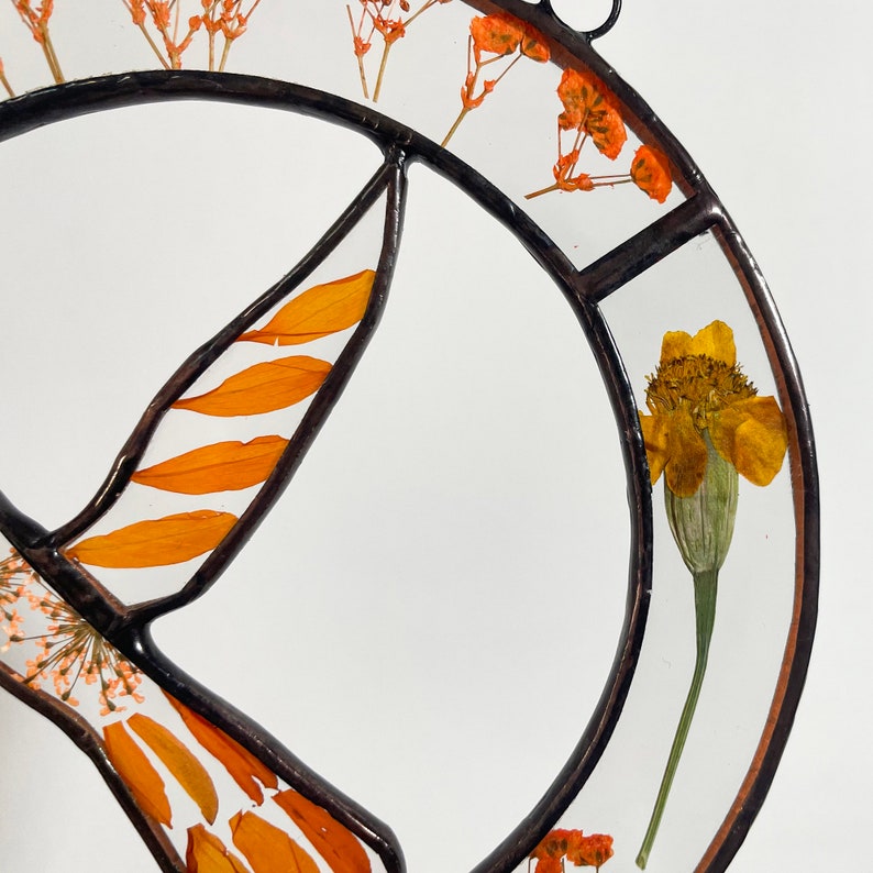 Real Orange Pressed Dried Flowers and Hummingbird Stained Glass Suncatchers