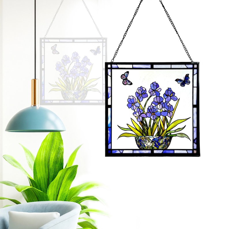 Blue Iris Blue Flag Flower and Butterfly Stained Glass Panel Suncatcher Square Window Hanging