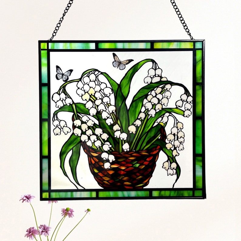Lily of the Valley and Butterflies Stained Glass Panel Suncatcher Square Window Hanging