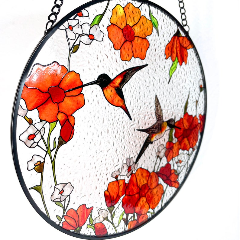 California Poppies/Orange Poppies and hummingbirds Stained Glass Suncatcher/Window Hanging