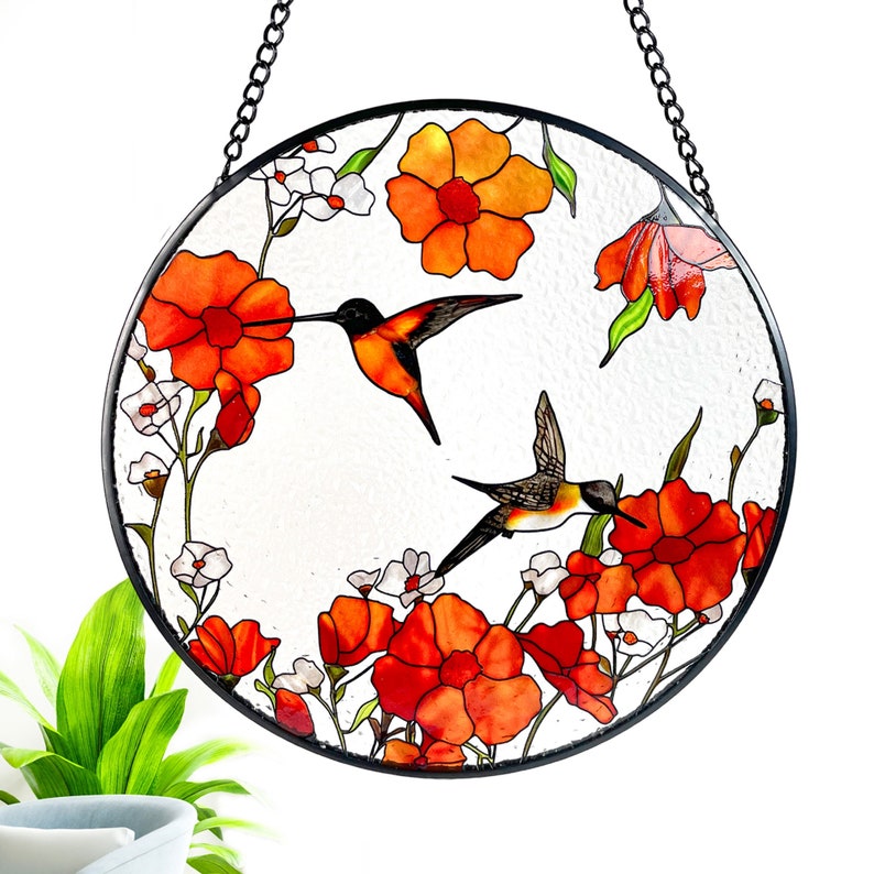 California Poppies/Orange Poppies and hummingbirds Stained Glass Suncatcher/Window Hanging
