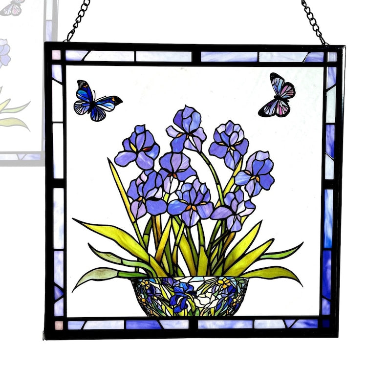 Blue Iris Blue Flag Flower and Butterfly Stained Glass Panel Suncatcher Square Window Hanging