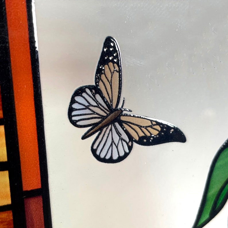 Monstera and Butterflies Stained Glass Panel Suncatcher Square Window Hanging