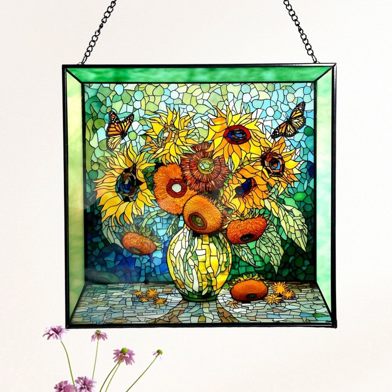 Sunflowers & Monarch Butterflies Stained Glass Suncatcher