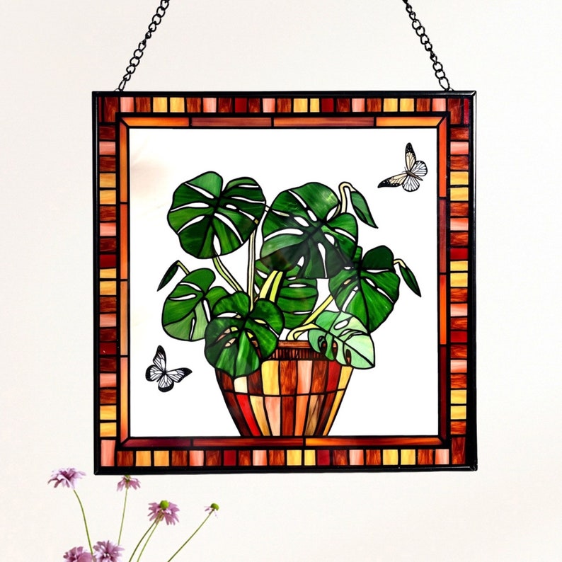 Monstera and Butterflies Stained Glass Panel Suncatcher Square Window Hanging