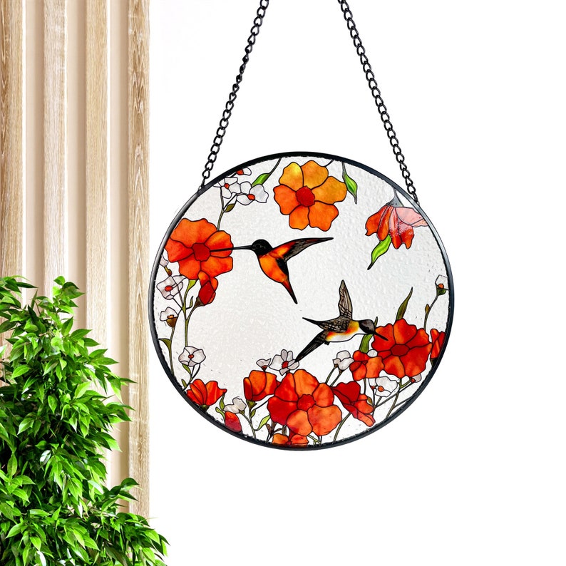 California Poppies/Orange Poppies and hummingbirds Stained Glass Suncatcher/Window Hanging