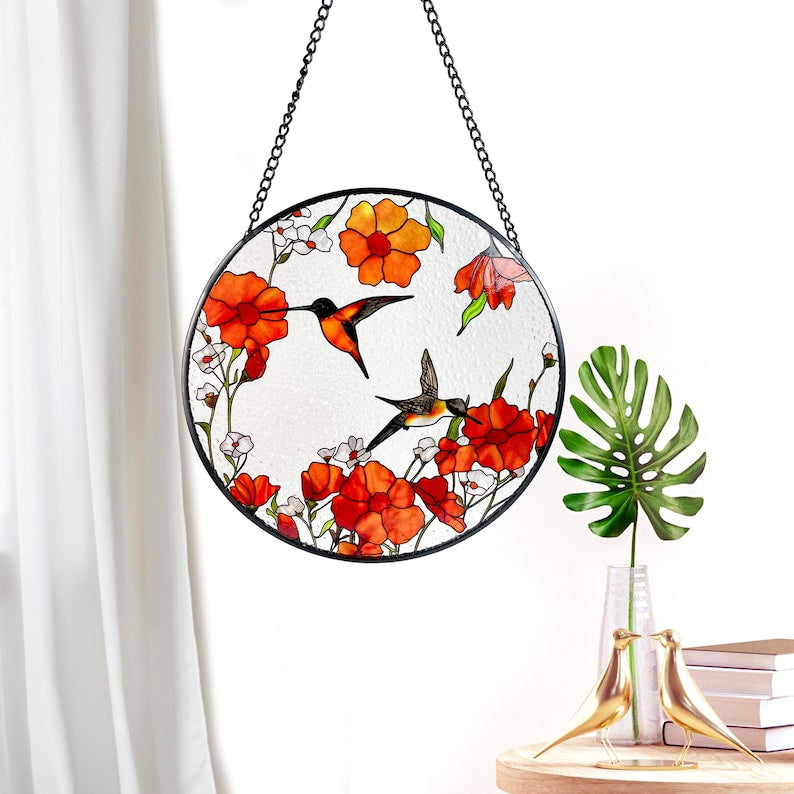 California Poppies/Orange Poppies and hummingbirds Stained Glass Suncatcher/Window Hanging