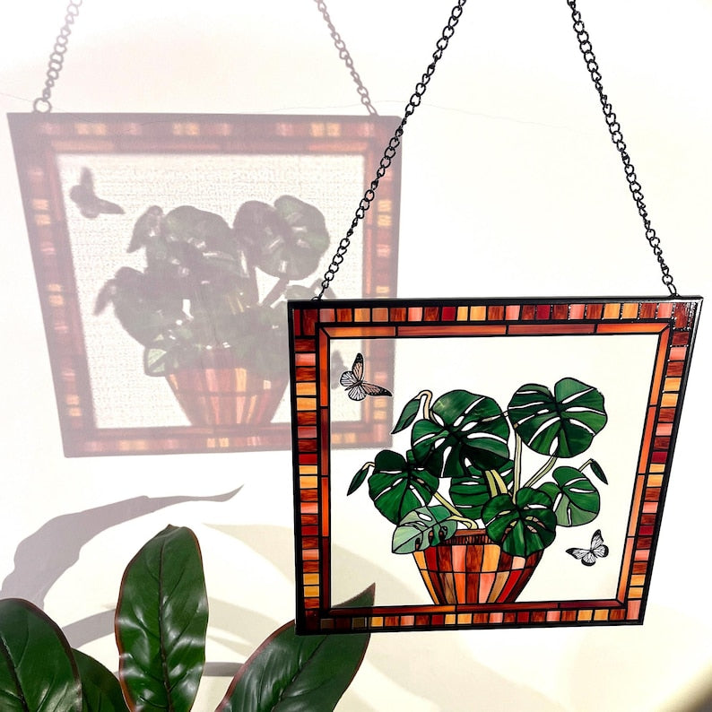 Monstera and Butterflies Stained Glass Panel Suncatcher Square Window Hanging