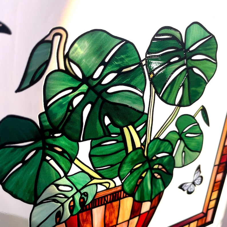 Monstera and Butterflies Stained Glass Panel Suncatcher Square Window Hanging