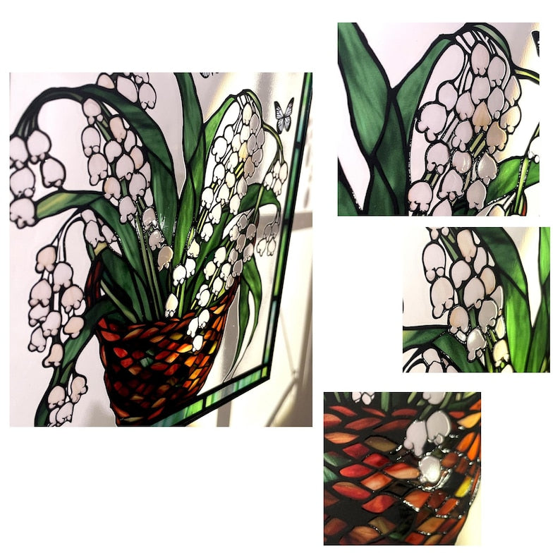 Lily of the Valley and Butterflies Stained Glass Panel Suncatcher Square Window Hanging