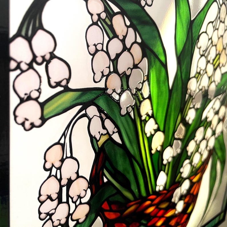 Lily of the Valley and Butterflies Stained Glass Panel Suncatcher Square Window Hanging