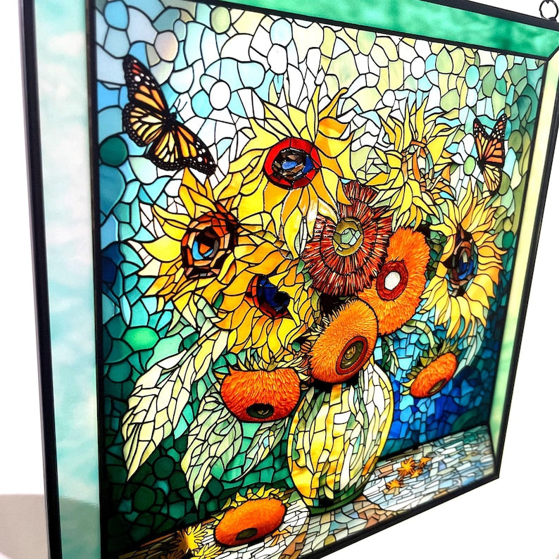Sunflowers & Monarch Butterflies Stained Glass Suncatcher