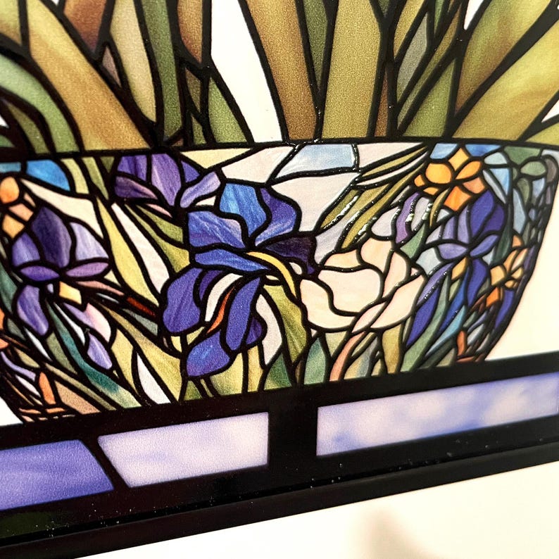 Blue Iris Blue Flag Flower and Butterfly Stained Glass Panel Suncatcher Square Window Hanging