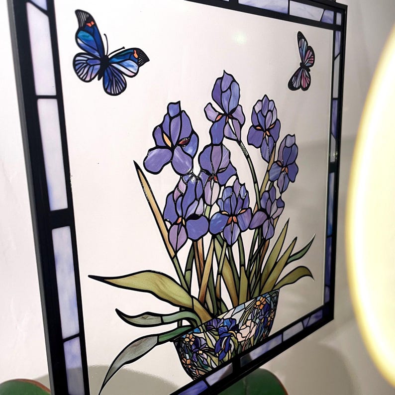 Blue Iris Blue Flag Flower and Butterfly Stained Glass Panel Suncatcher Square Window Hanging