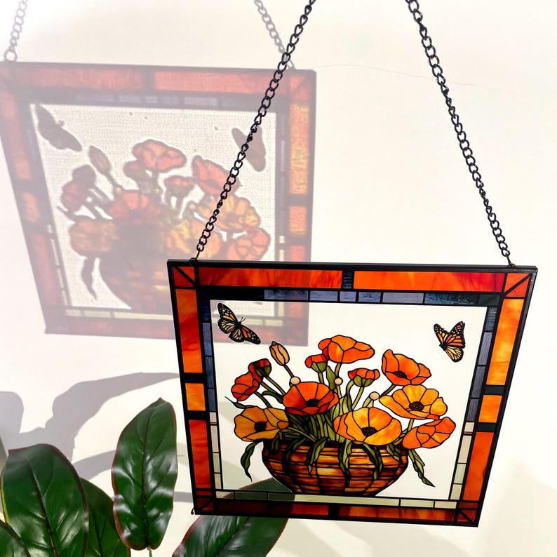 California Poppies and Monarch Butterflies Stained Glass Panel Suncatcher Square Window Hanging