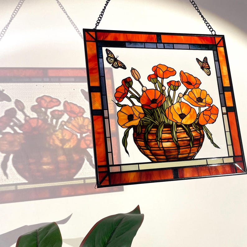California Poppies and Monarch Butterflies Stained Glass Panel Suncatcher Square Window Hanging