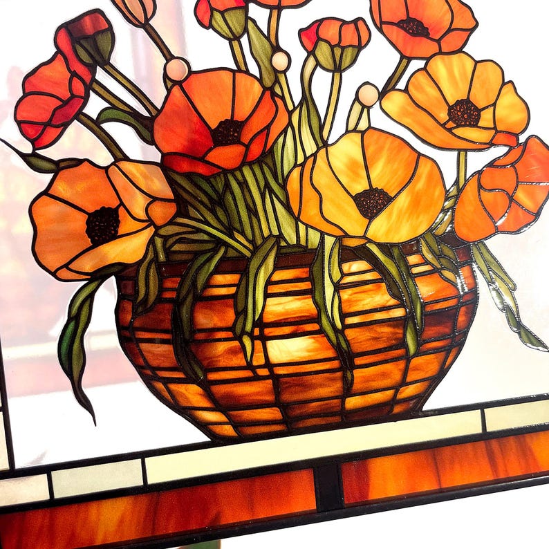 California Poppies and Monarch Butterflies Stained Glass Panel Suncatcher Square Window Hanging