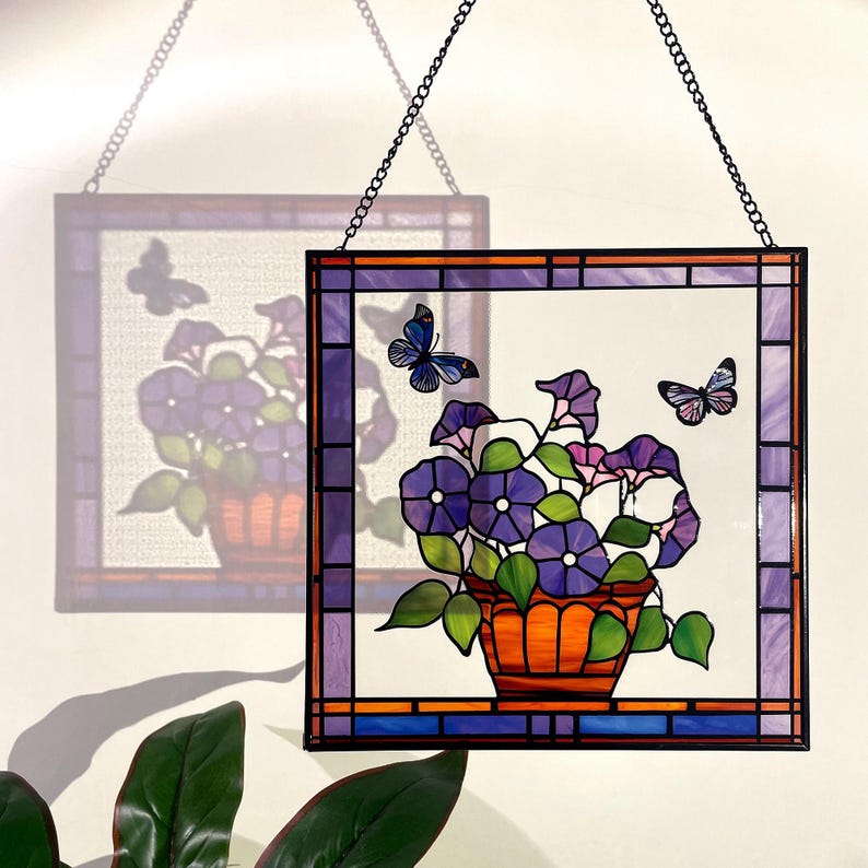 Morning Glory & Butterflies Stained Glass Suncatcher