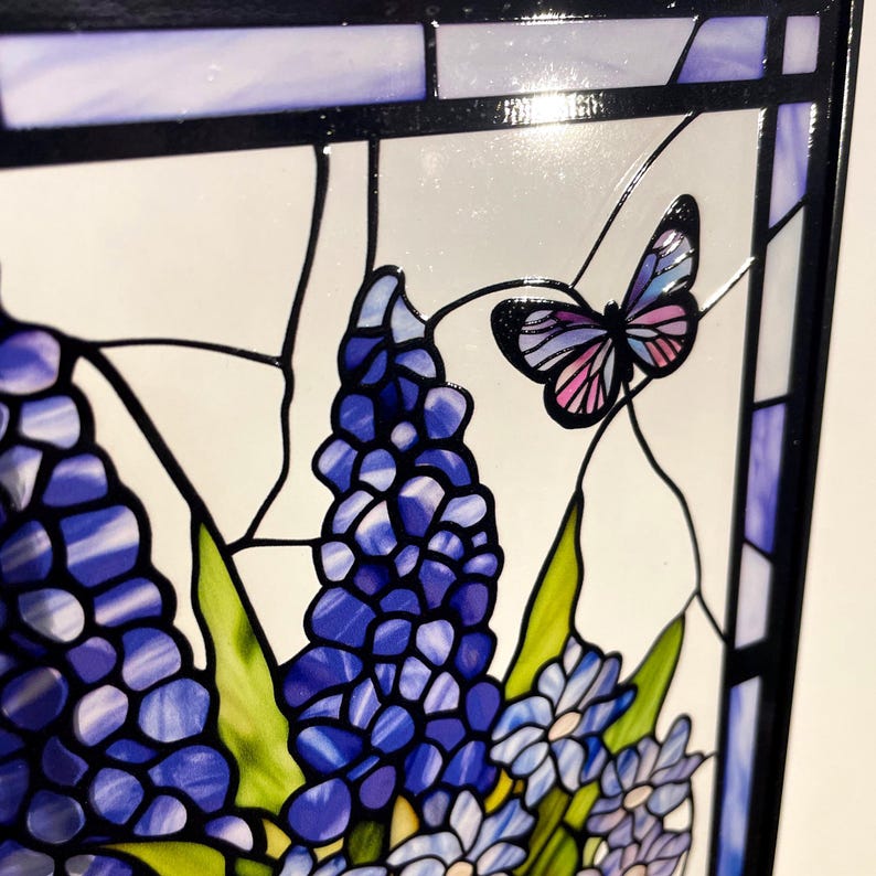 Bluebonnet Blue Iris Flower and Butterfly Stained Glass Panel Suncatcher Square Window Hanging