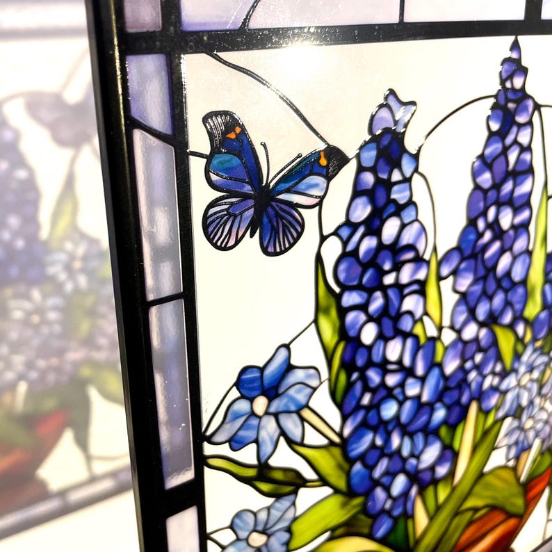 Bluebonnet Blue Iris Flower and Butterfly Stained Glass Panel Suncatcher Square Window Hanging