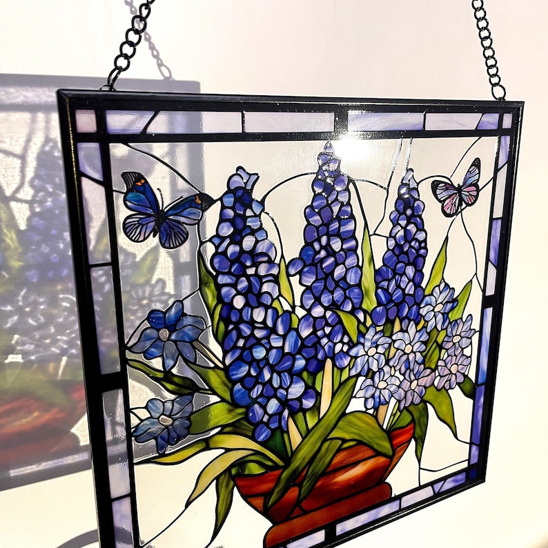Bluebonnet Blue Iris Flower and Butterfly Stained Glass Panel Suncatcher Square Window Hanging