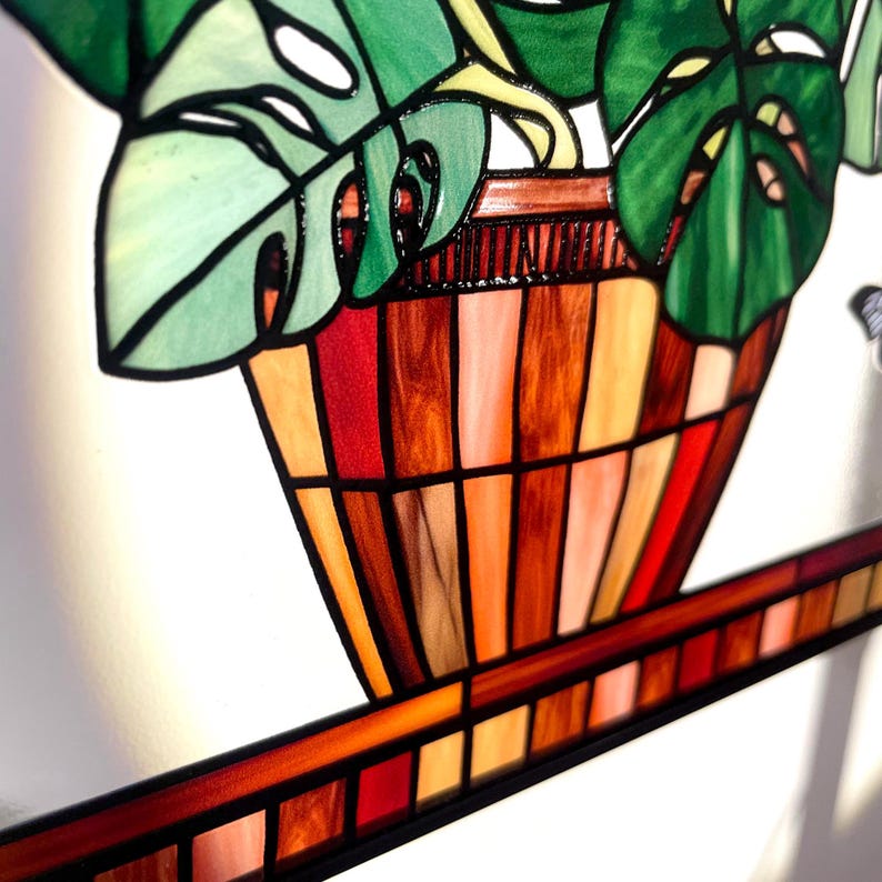 Monstera and Butterflies Stained Glass Panel Suncatcher Square Window Hanging