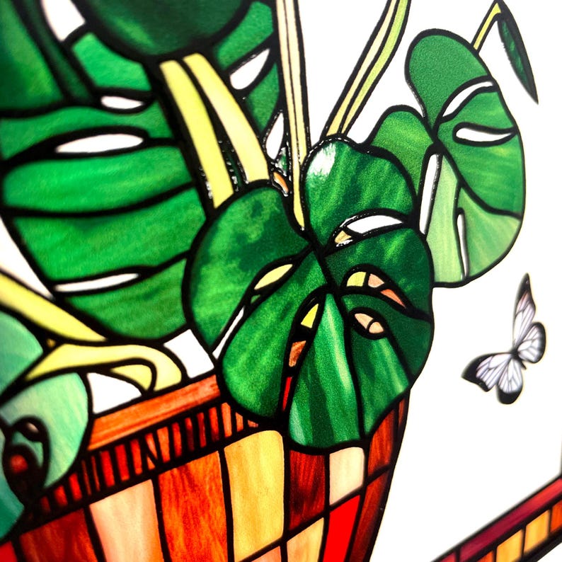 Monstera and Butterflies Stained Glass Panel Suncatcher Square Window Hanging