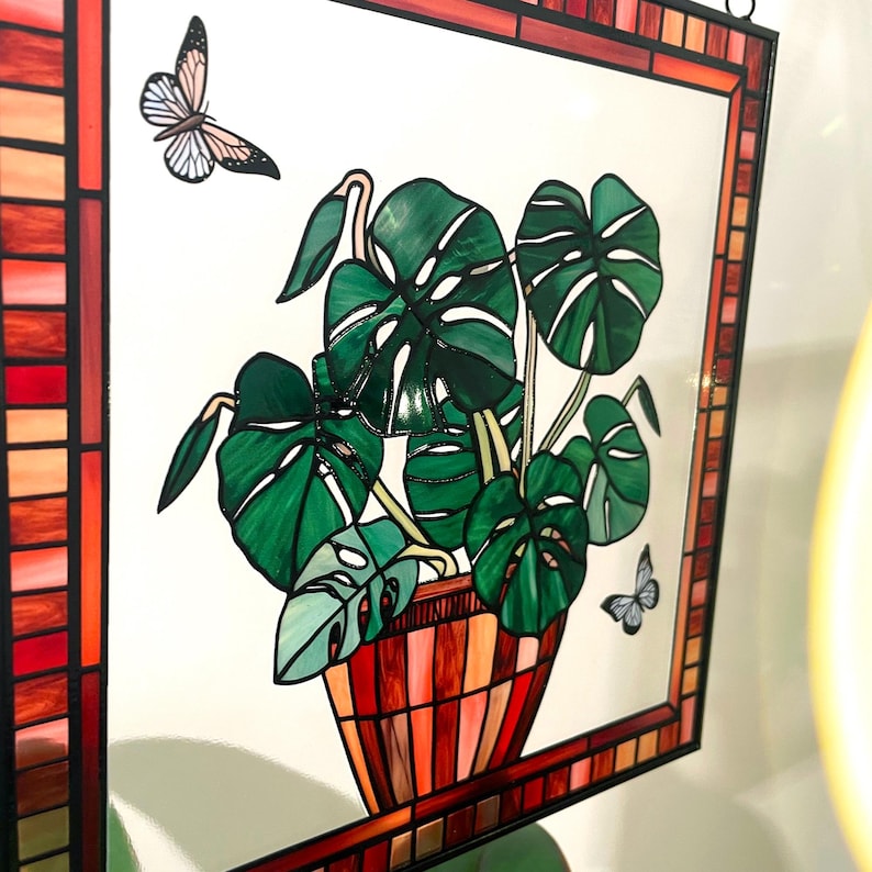 Monstera and Butterflies Stained Glass Panel Suncatcher Square Window Hanging