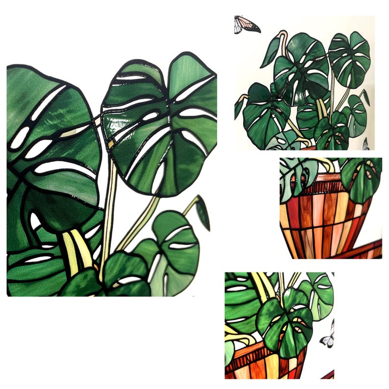 Monstera and Butterflies Stained Glass Panel Suncatcher Square Window Hanging