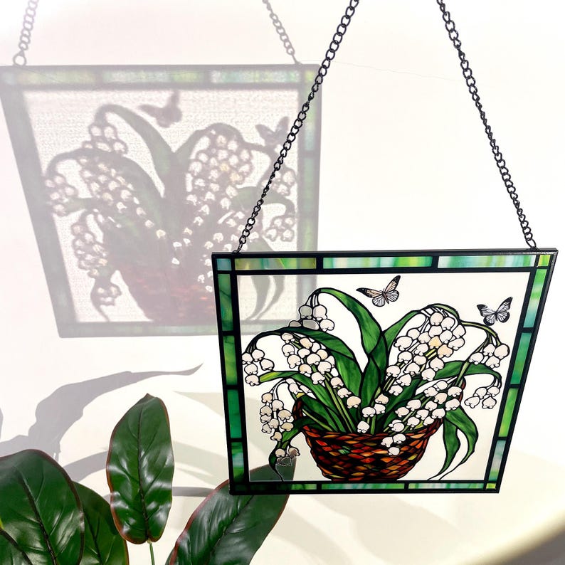 Lily of the Valley and Butterflies Stained Glass Panel Suncatcher Square Window Hanging