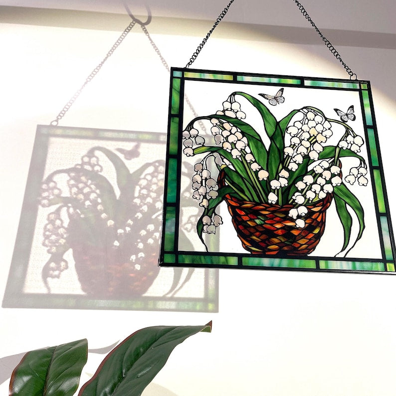 Lily of the Valley and Butterflies Stained Glass Panel Suncatcher Square Window Hanging