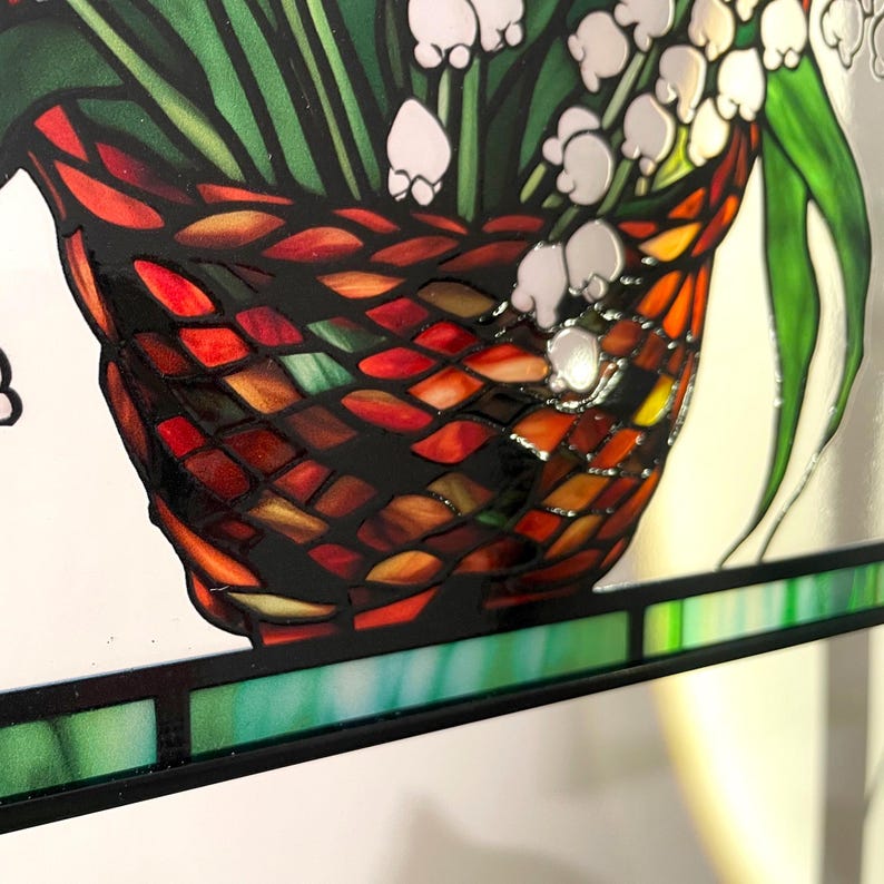 Lily of the Valley and Butterflies Stained Glass Panel Suncatcher Square Window Hanging