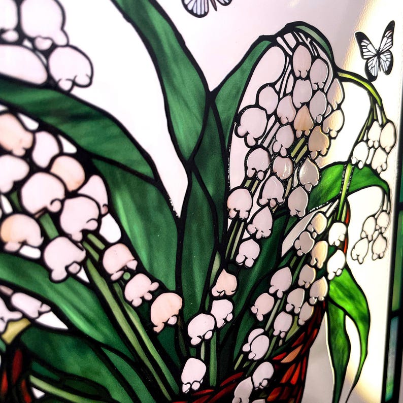 Lily of the Valley and Butterflies Stained Glass Panel Suncatcher Square Window Hanging