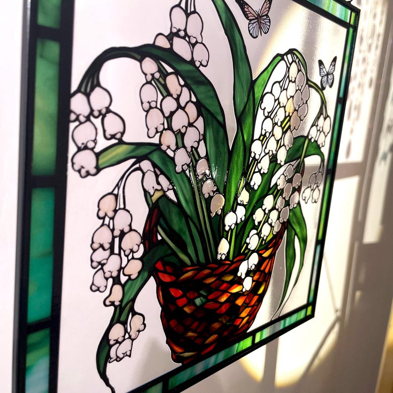 Lily of the Valley and Butterflies Stained Glass Panel Suncatcher Square Window Hanging