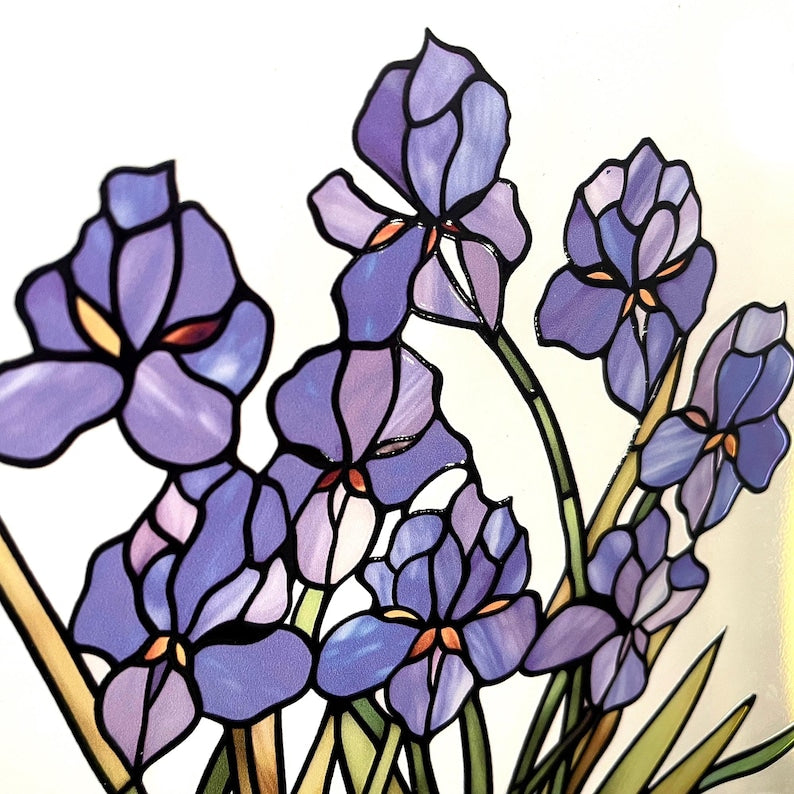 Blue Iris Blue Flag Flower and Butterfly Stained Glass Panel Suncatcher Square Window Hanging