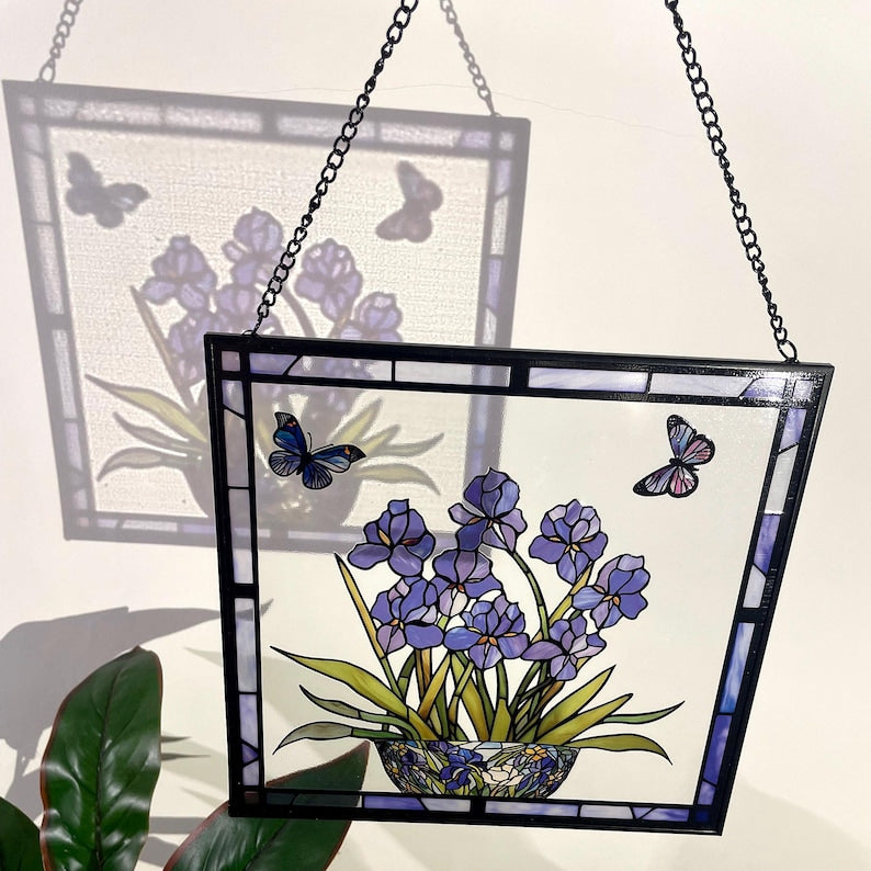 Blue Iris Blue Flag Flower and Butterfly Stained Glass Panel Suncatcher Square Window Hanging