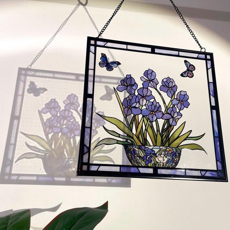 Blue Iris Blue Flag Flower and Butterfly Stained Glass Panel Suncatcher Square Window Hanging