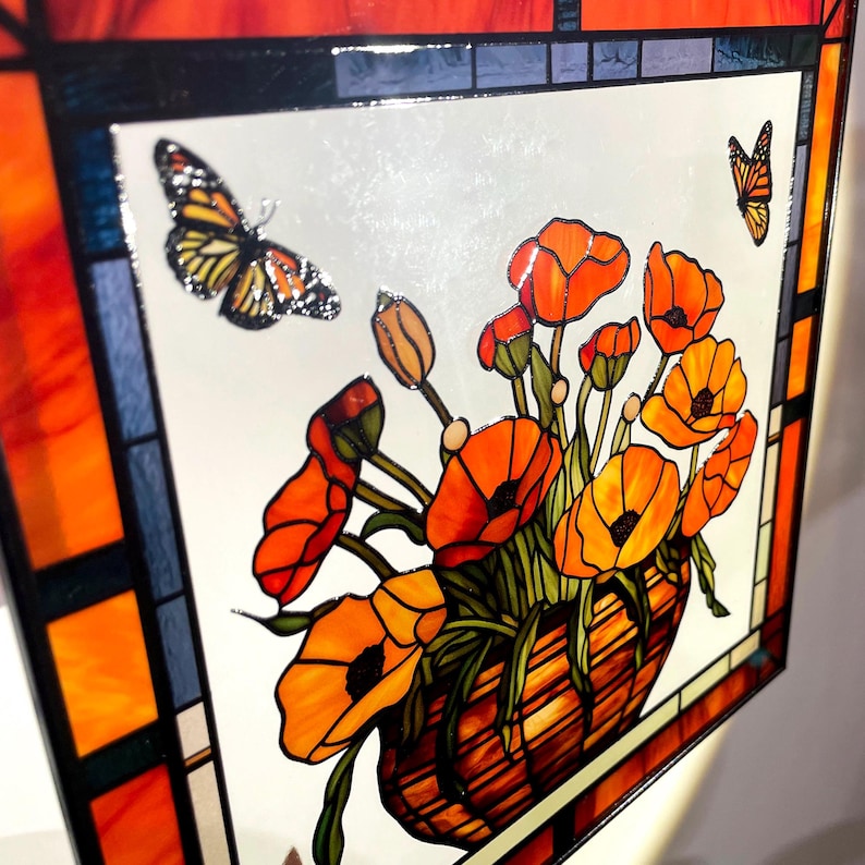 California Poppies and Monarch Butterflies Stained Glass Panel Suncatcher Square Window Hanging
